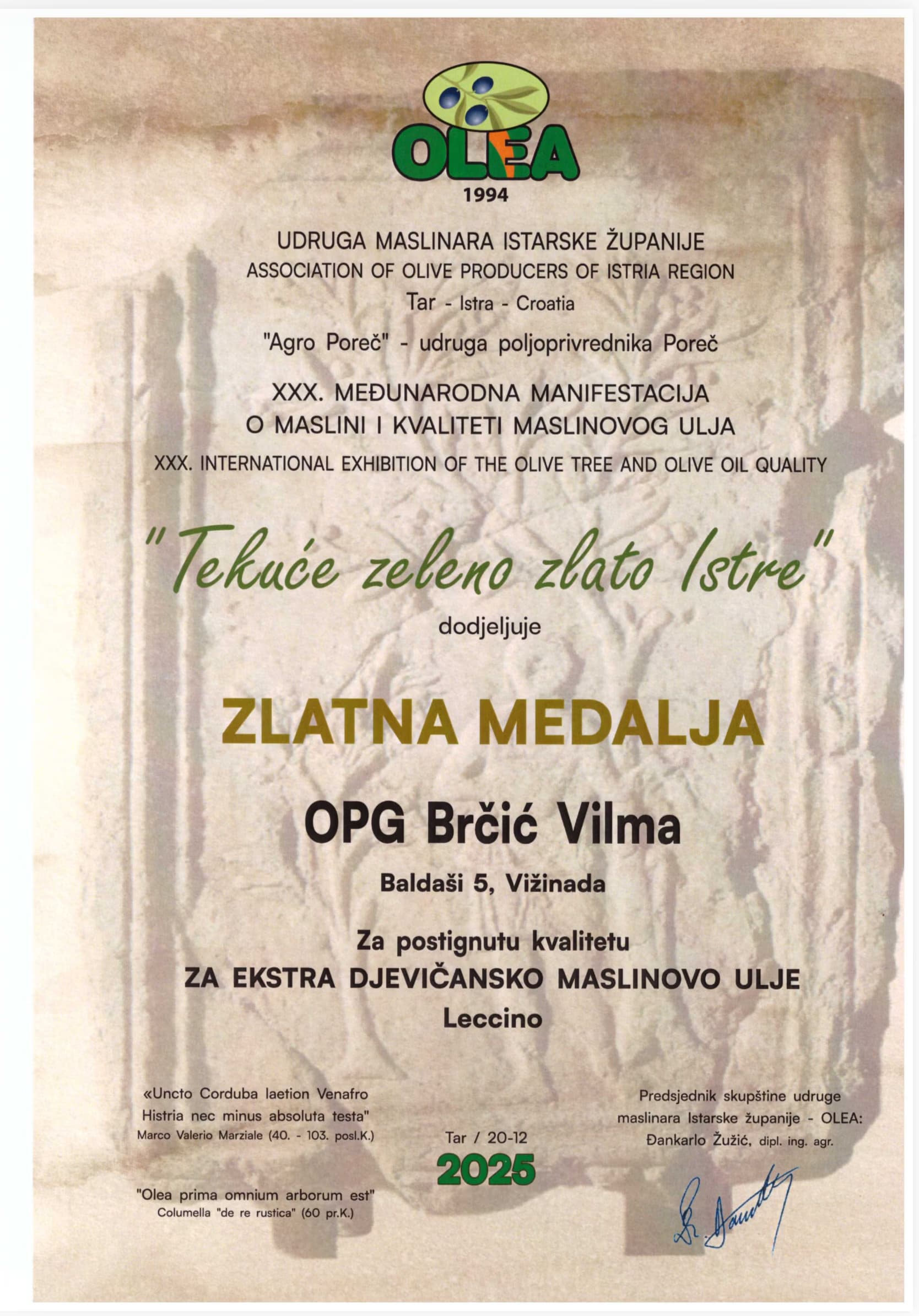 Nagroda ViasOliveti dla oliwy z oliwek – wyróżnienie 15